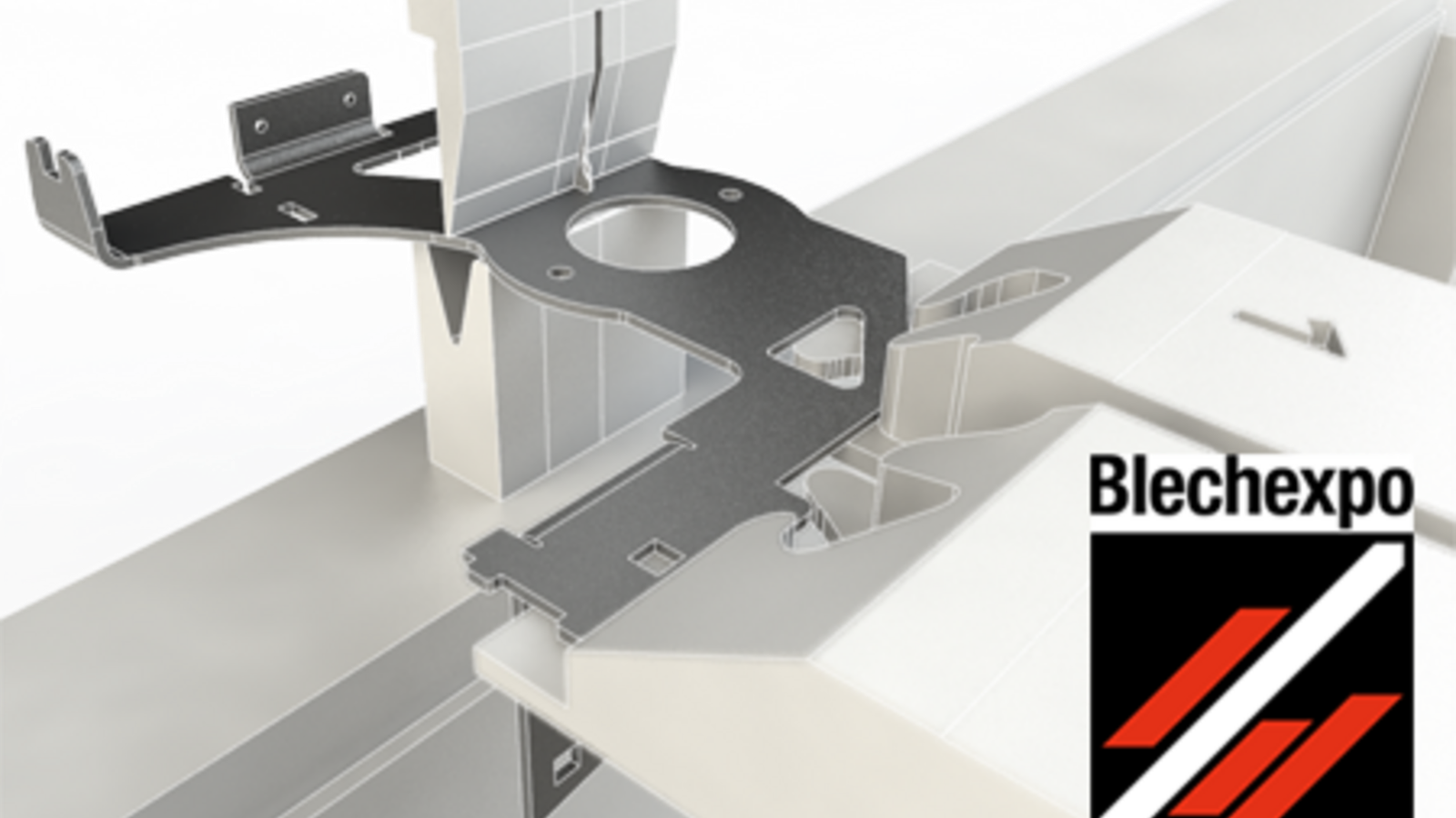 Blechteil auf einer Biegemaschine mit Blechexpo-Logo