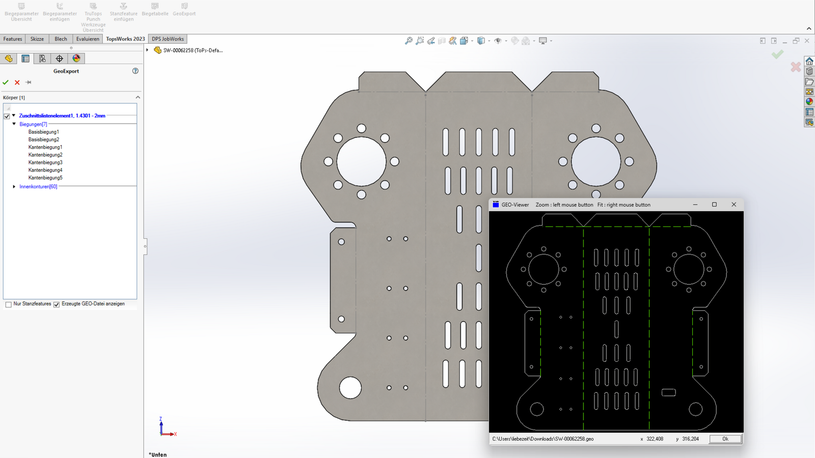 TopsWorks GEO-Export mit Abwicklung und GEO-Datei im TRUMPF Geo Viewer