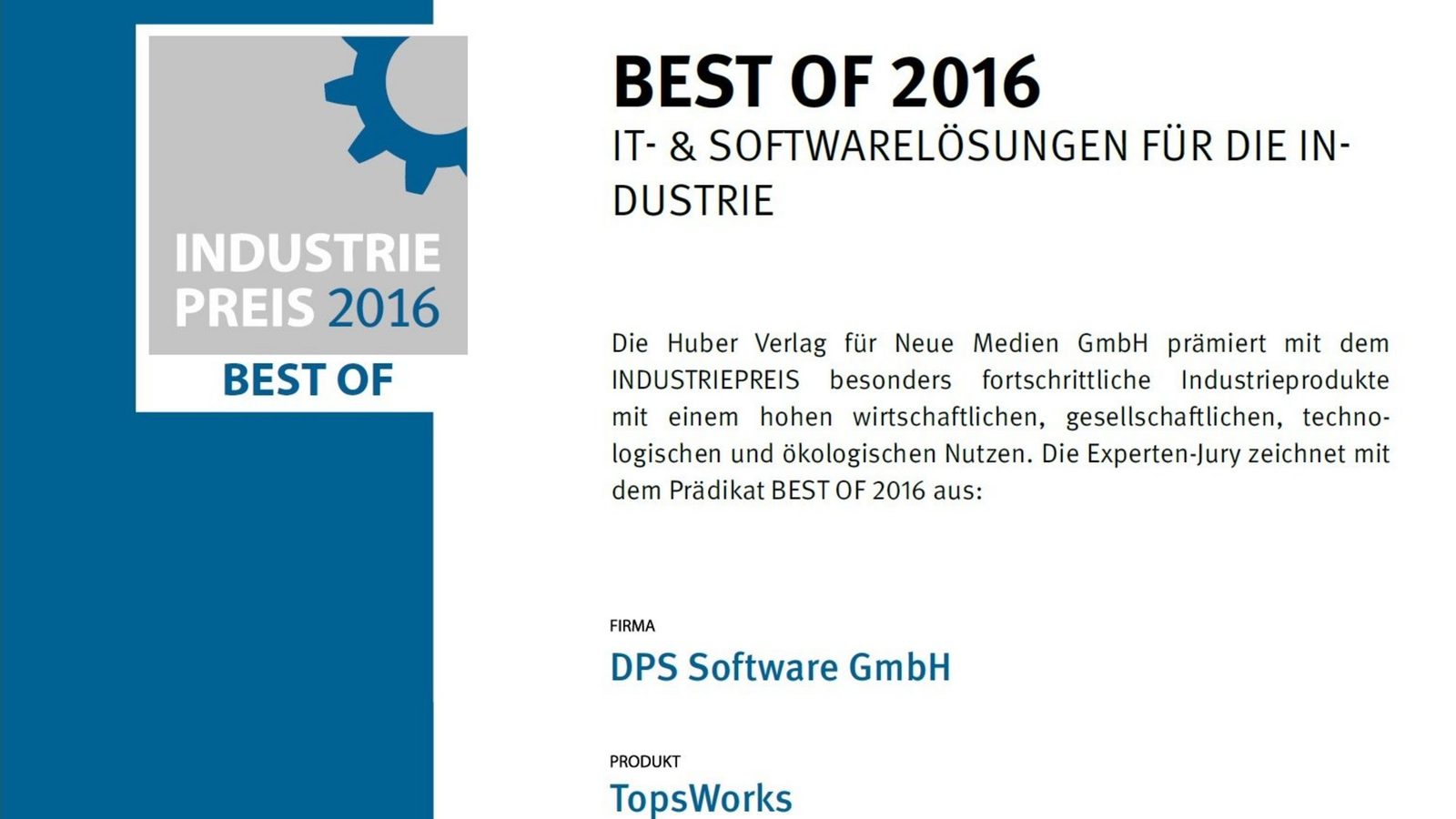 Urkunde Industriepreis 2016 – Best of für TopsWorks der DPS Software GmbH