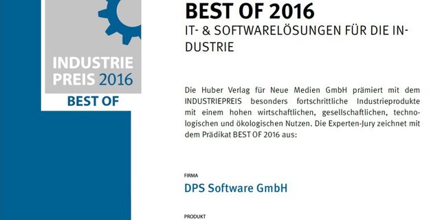 Urkunde Industriepreis 2016 – Best of für TopsWorks der DPS Software GmbH