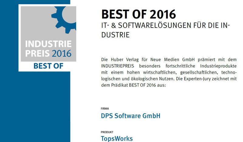 Urkunde Industriepreis 2016 – Best of für TopsWorks der DPS Software GmbH