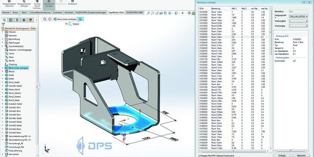 TopsWorks-Oberfläche in SOLIDWORKS mit Blechteil und Biegetabelle