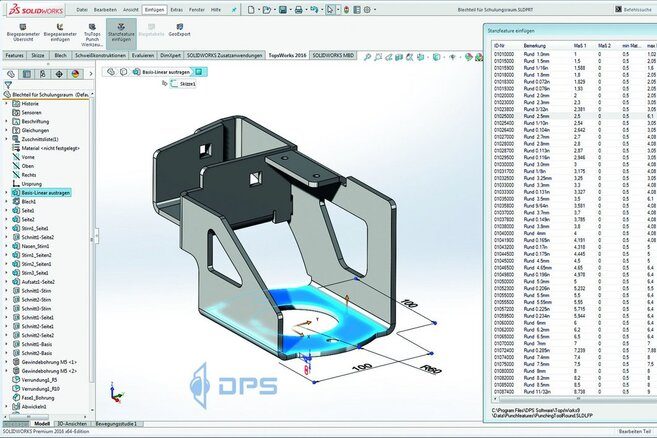 TopsWorks-Oberfläche in SOLIDWORKS mit Blechteil und Biegetabelle