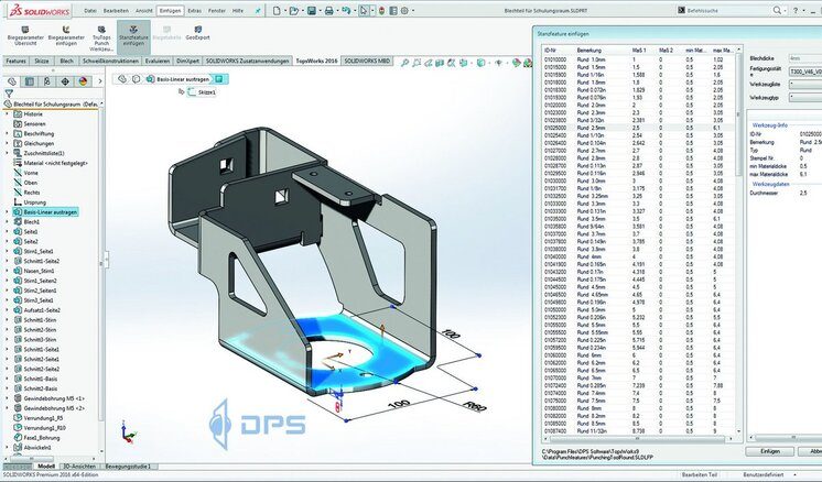 TopsWorks-Oberfläche in SOLIDWORKS mit Blechteil und Biegetabelle