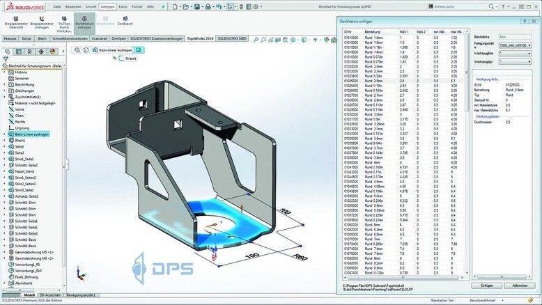 TopsWorks-Oberfläche in SOLIDWORKS mit Blechteil und Biegetabelle